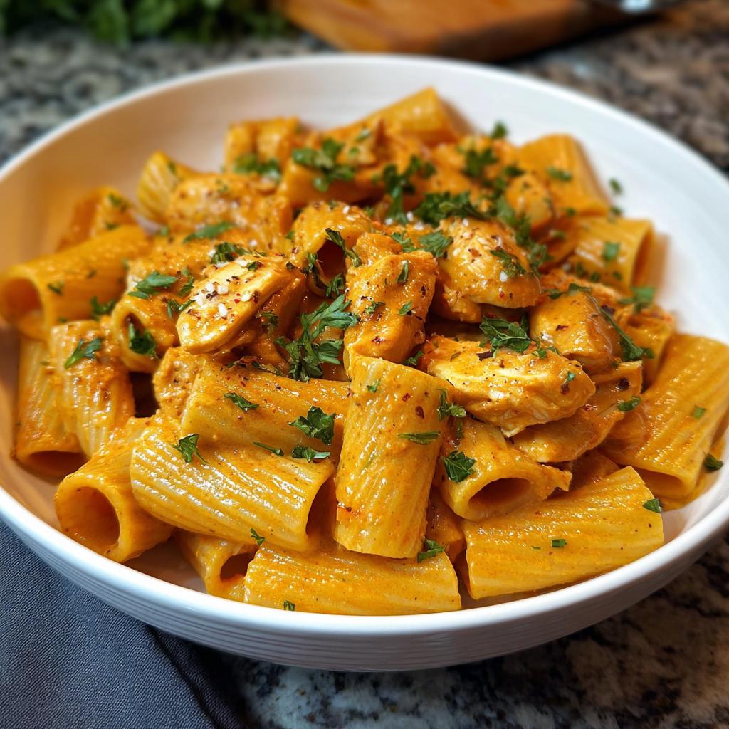 A close-up of a white bowl filled with creamy chicken rigatoni pasta, garnished with parsley and spices.