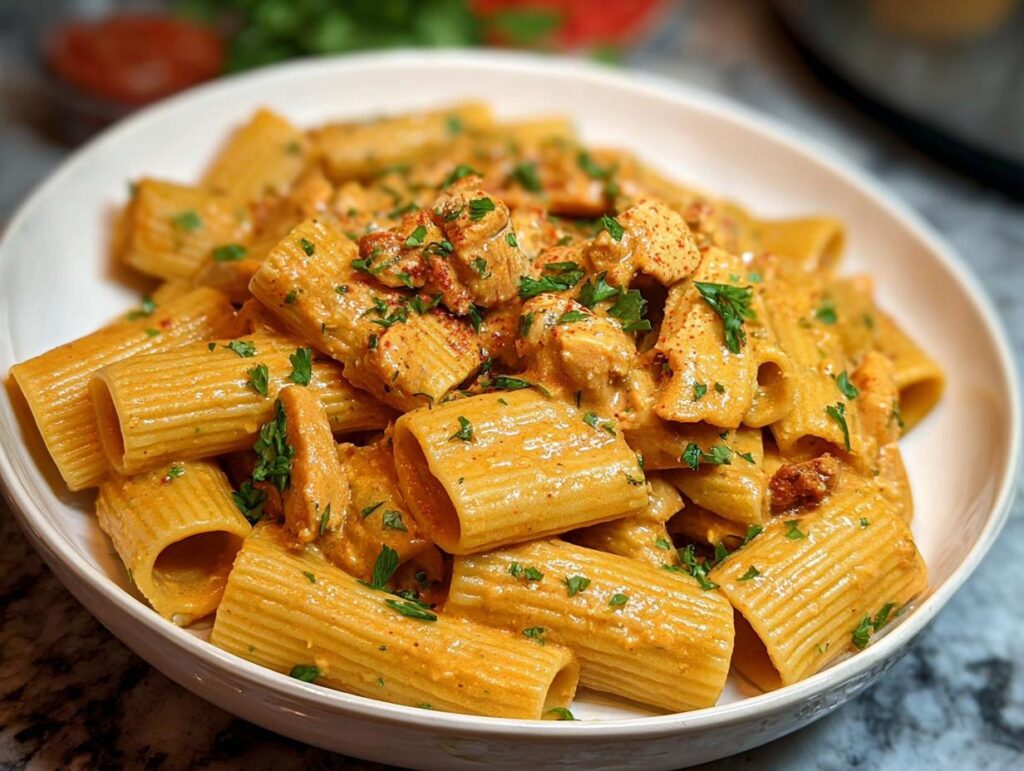A close-up of creamy chicken rigatoni pasta, generously coated in sauce and garnished with parsley.