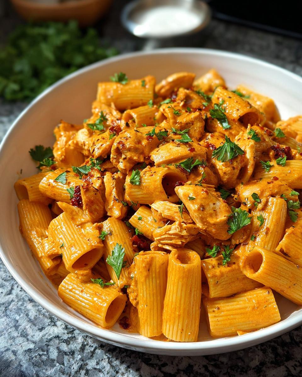 A close-up of a white bowl filled with creamy chicken rigatoni pasta, garnished with parsley.