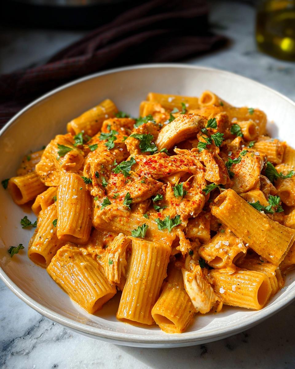 A close-up of creamy chicken rigatoni pasta, topped with parsley and paprika.