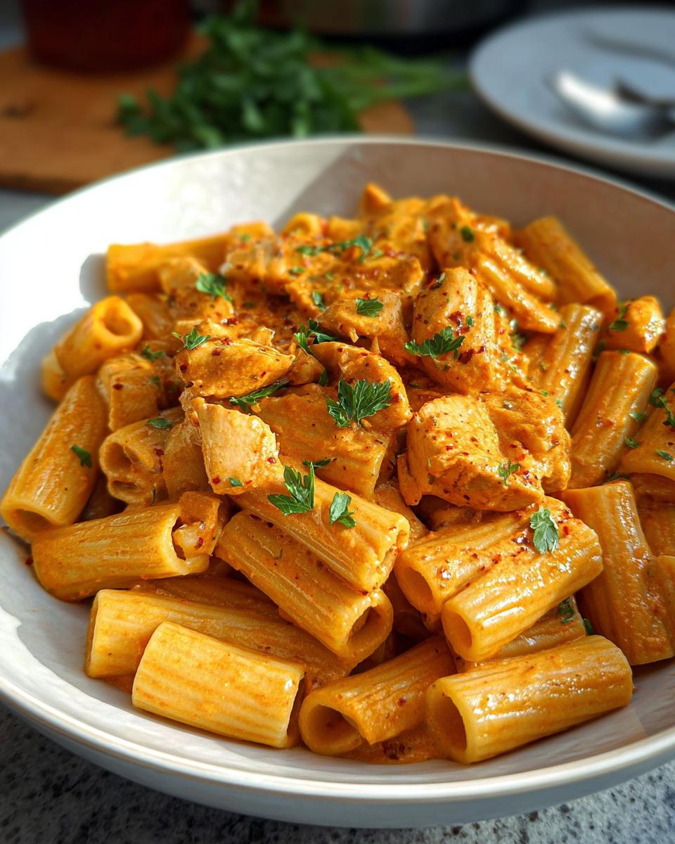 A bowl of creamy chicken rigatoni pasta, garnished with parsley and red pepper flakes.