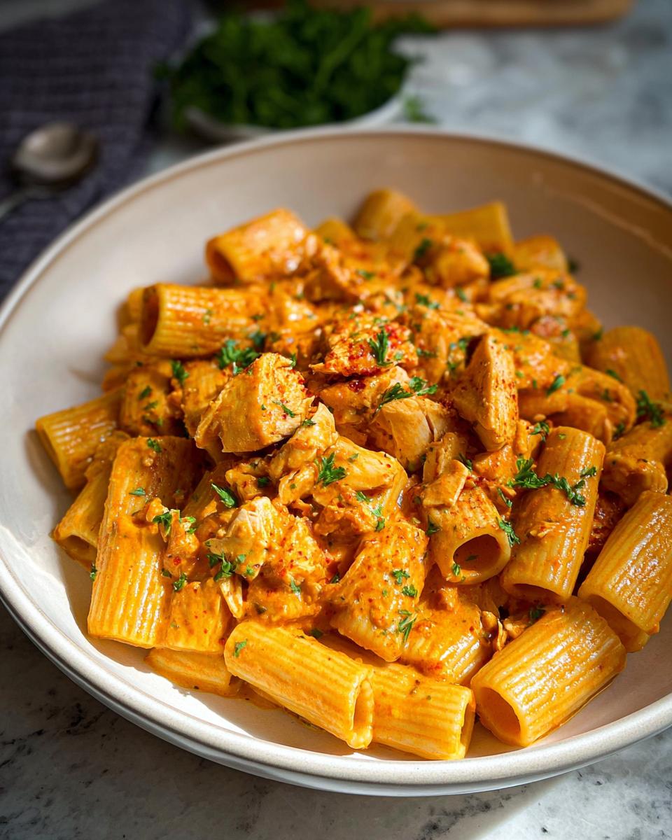 A close-up of creamy chicken rigatoni pasta, garnished with fresh parsley and red pepper flakes.