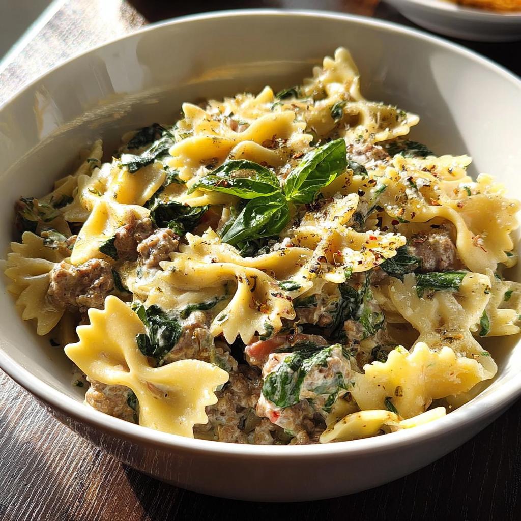 Close-up of creamy farfalle pasta with spinach and sausage, a perfect pasta recipe for busy weeknights.