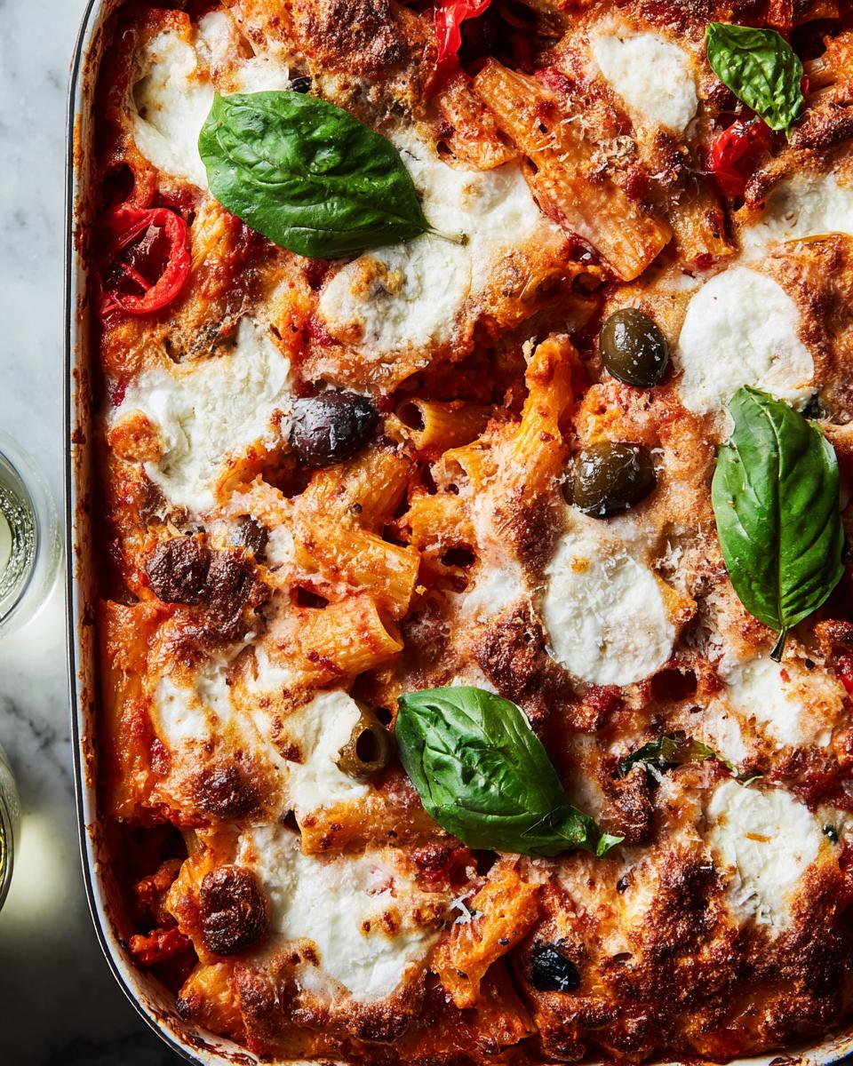Close-up of a creamy roasted pepper bake pasta dish with melted mozzarella and fresh basil.