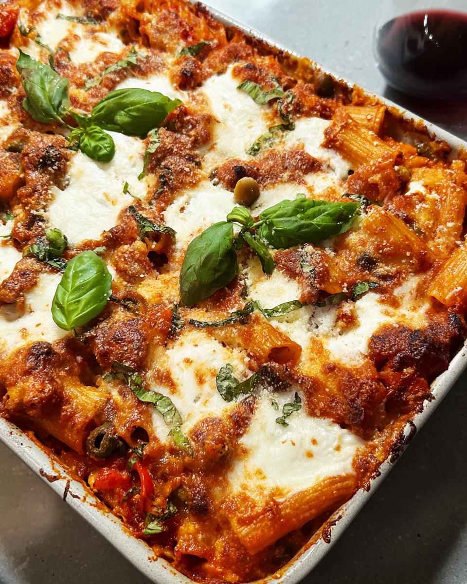 Close-up of a creamy roasted pepper pasta bake with melted cheese and fresh basil.