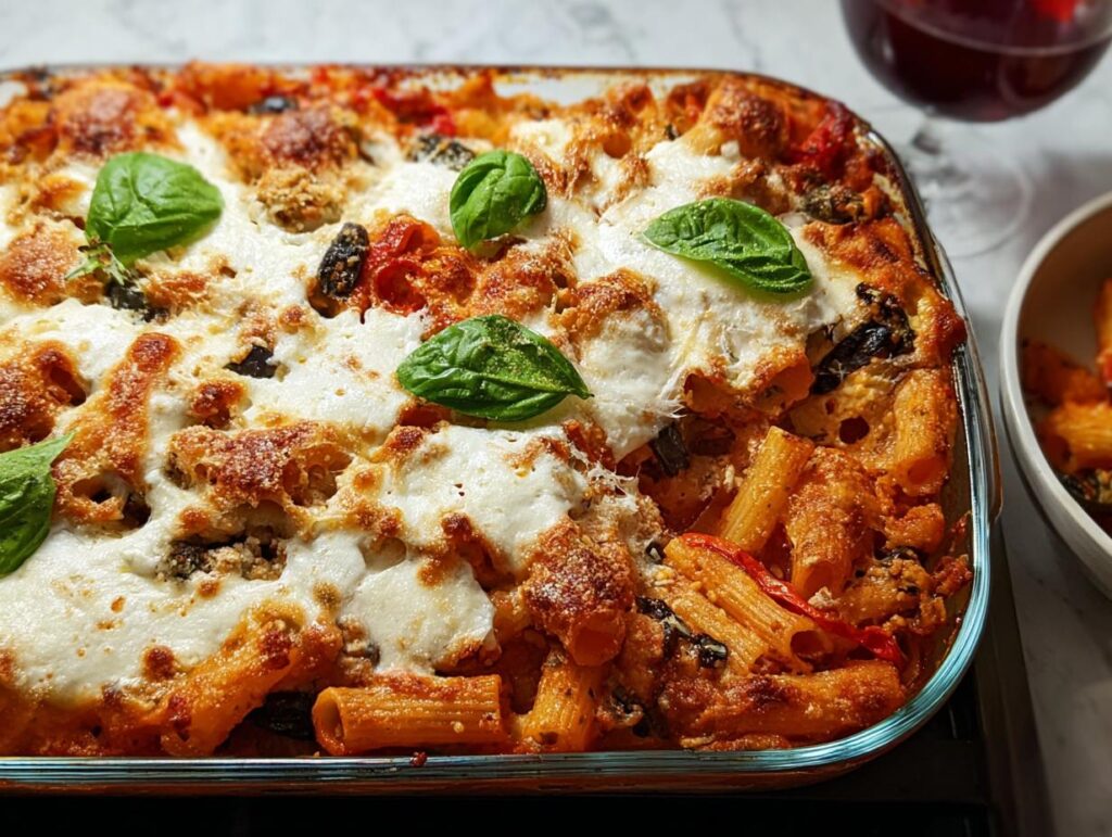Close-up of a creamy roasted pepper pasta bake in a glass dish, topped with melted mozzarella and fresh basil.