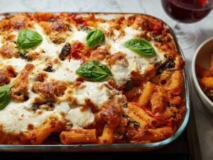 Close-up of a creamy roasted pepper pasta bake in a glass dish, topped with melted mozzarella and fresh basil.