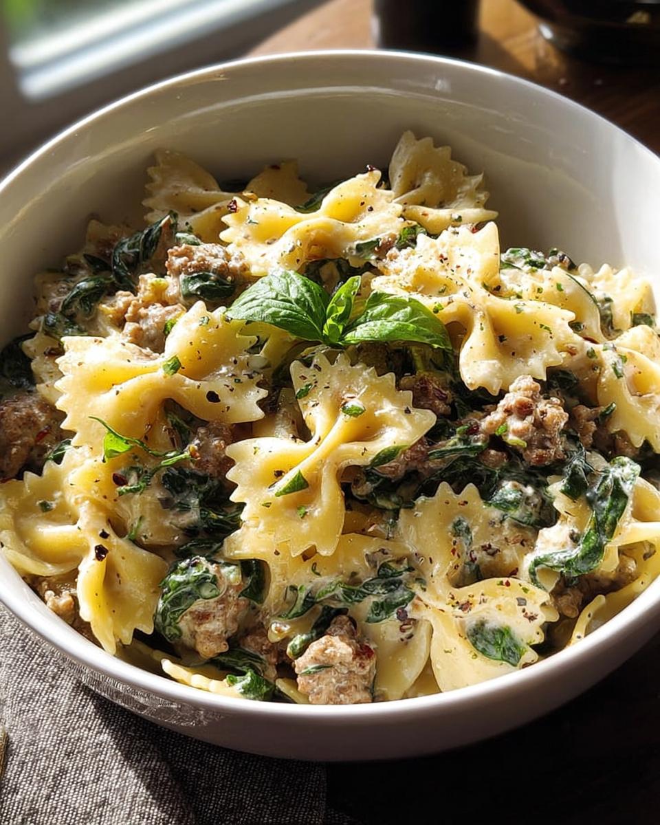 A bowl of creamy farfalle pasta with crumbled sausage and wilted spinach, a quick and easy pasta recipe.