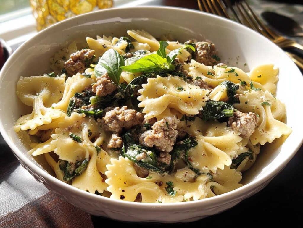 A bowl of creamy farfalle pasta with crumbled sausage and wilted spinach, a perfect pasta recipe for busy weeknights.