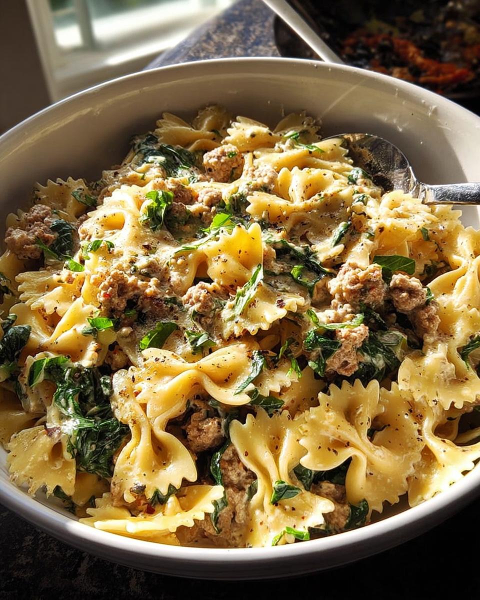 A close-up of a bowl filled with creamy farfalle pasta, crumbled sausage, and spinach, perfect for pasta recipes for busy weeknights.
