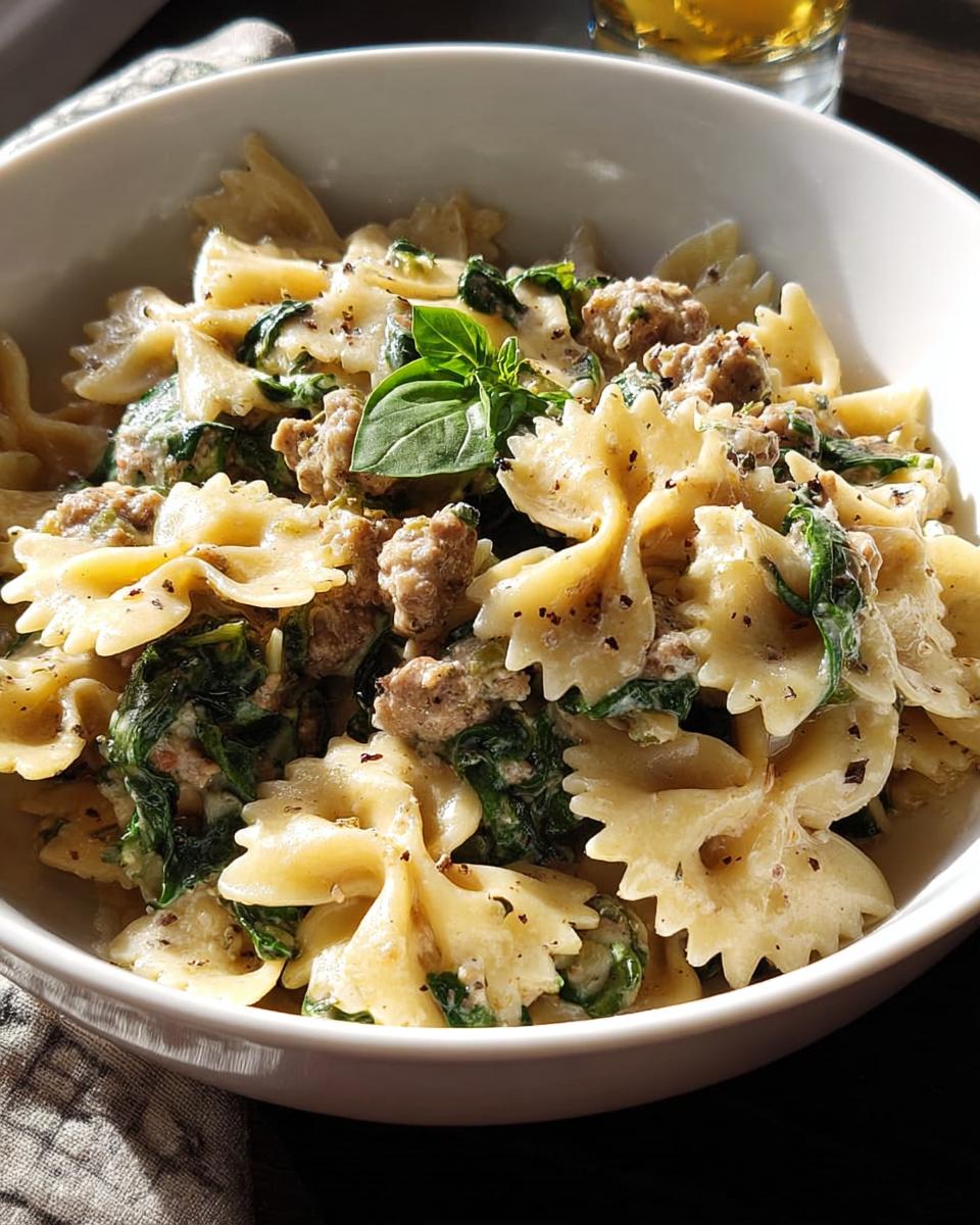 Close-up of a white bowl filled with creamy farfalle pasta, crumbled sausage, and wilted spinach, garnished with fresh basil.