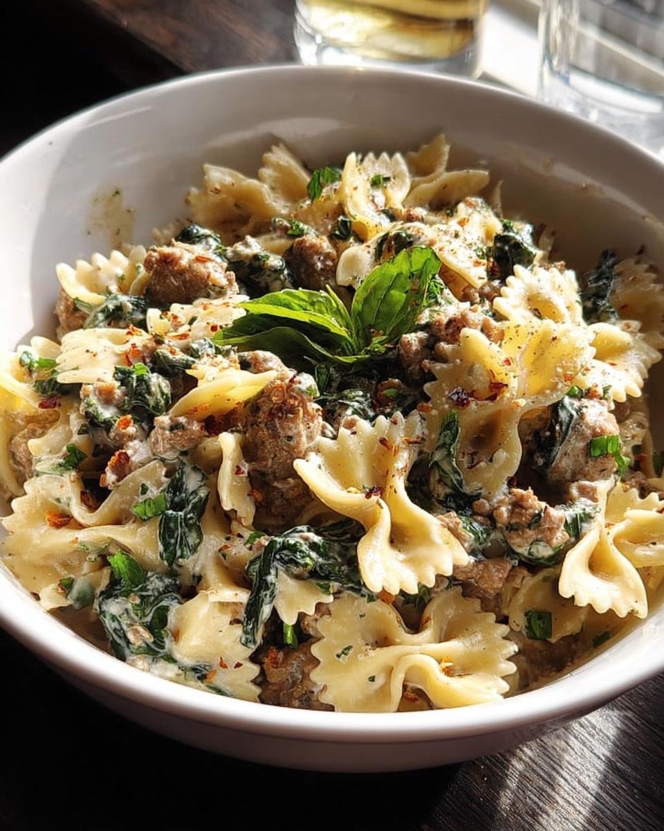 Close-up of creamy farfalle pasta with sausage crumbles, spinach, and fresh basil. Perfect for pasta recipes for busy weeknights.