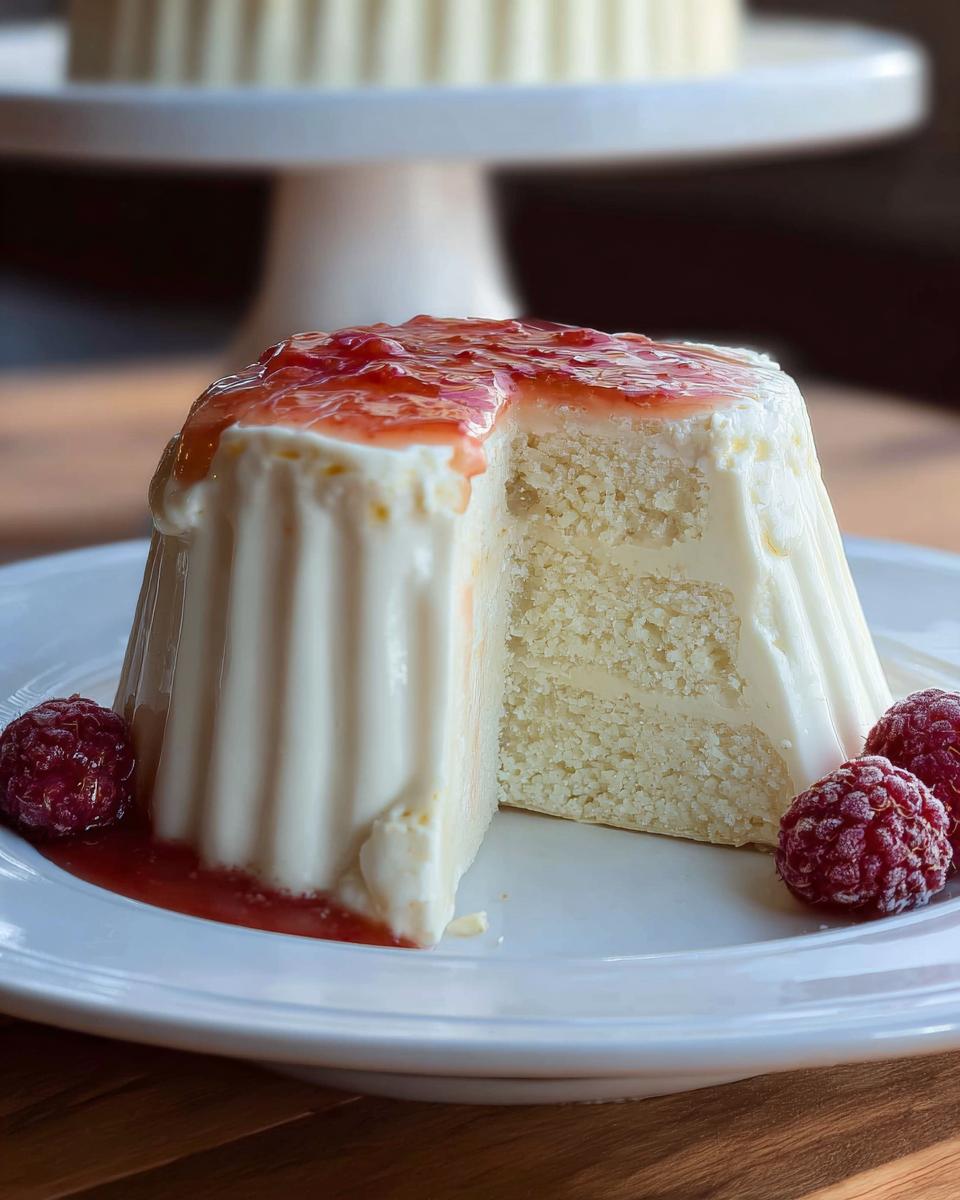 A slice of a layered dessert recipe, featuring cake, cream, and raspberry topping, served with fresh raspberries.