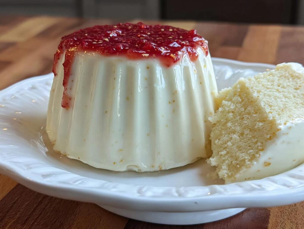 A smooth, white panna cotta dessert recipe topped with vibrant red berry compote, served with a slice of cake.