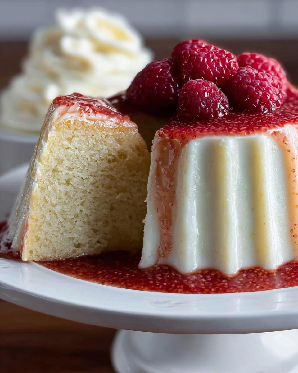 Close-up of a slice of panna cotta with raspberries and a slice of cake, part of a dessert recipe.