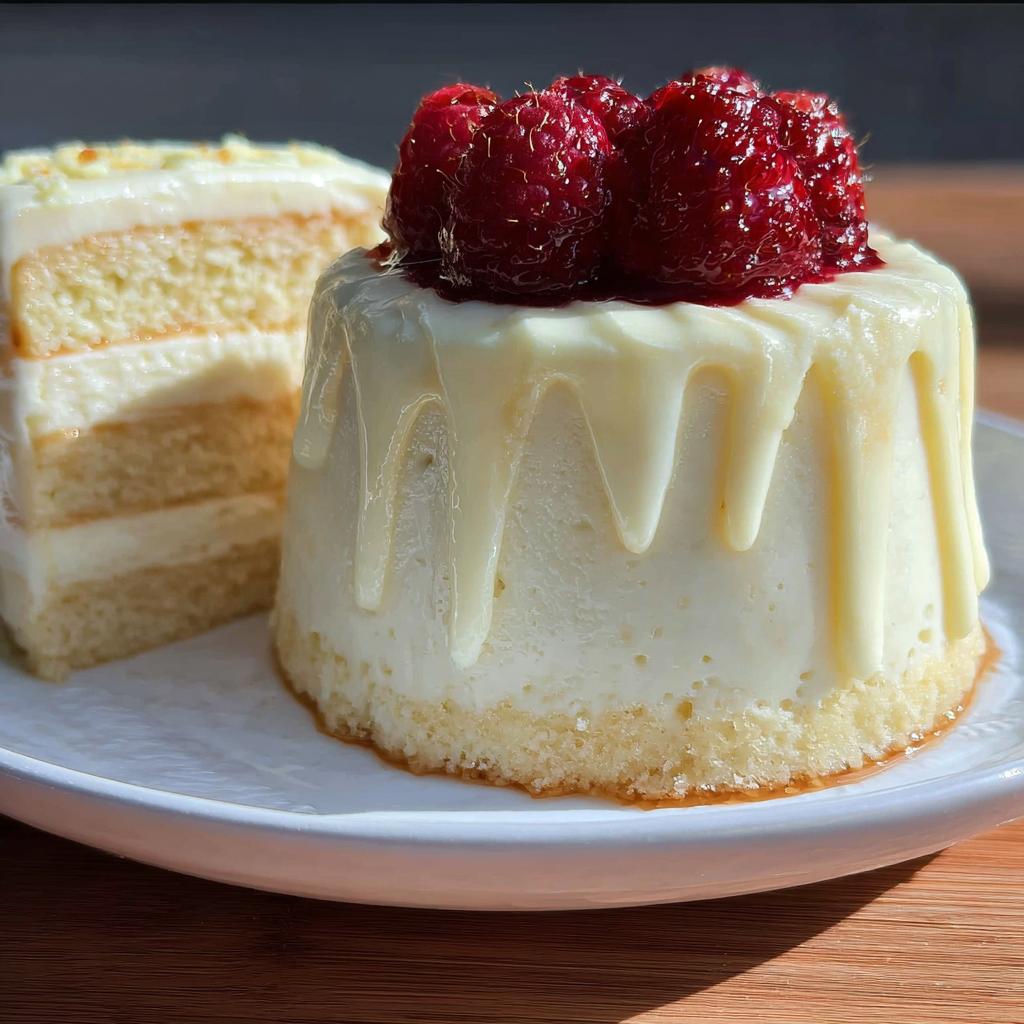 A mini white chocolate cake topped with fresh raspberries and drizzled with white chocolate, next to a slice of layered cake.