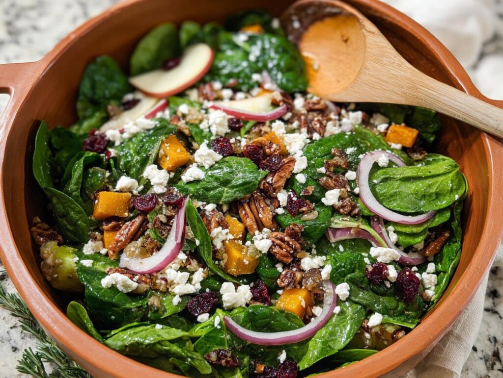 A vibrant bowl of Favorite Autumn Salad for Thanksgiving, featuring spinach, butternut squash, cranberries, pecans, and feta cheese.