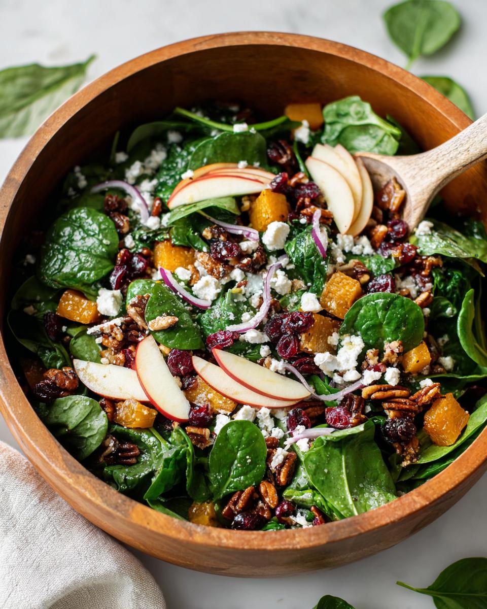 A vibrant Favorite Autumn Salad for Thanksgiving in a wooden bowl, featuring spinach, apples, cranberries, pecans, and feta.