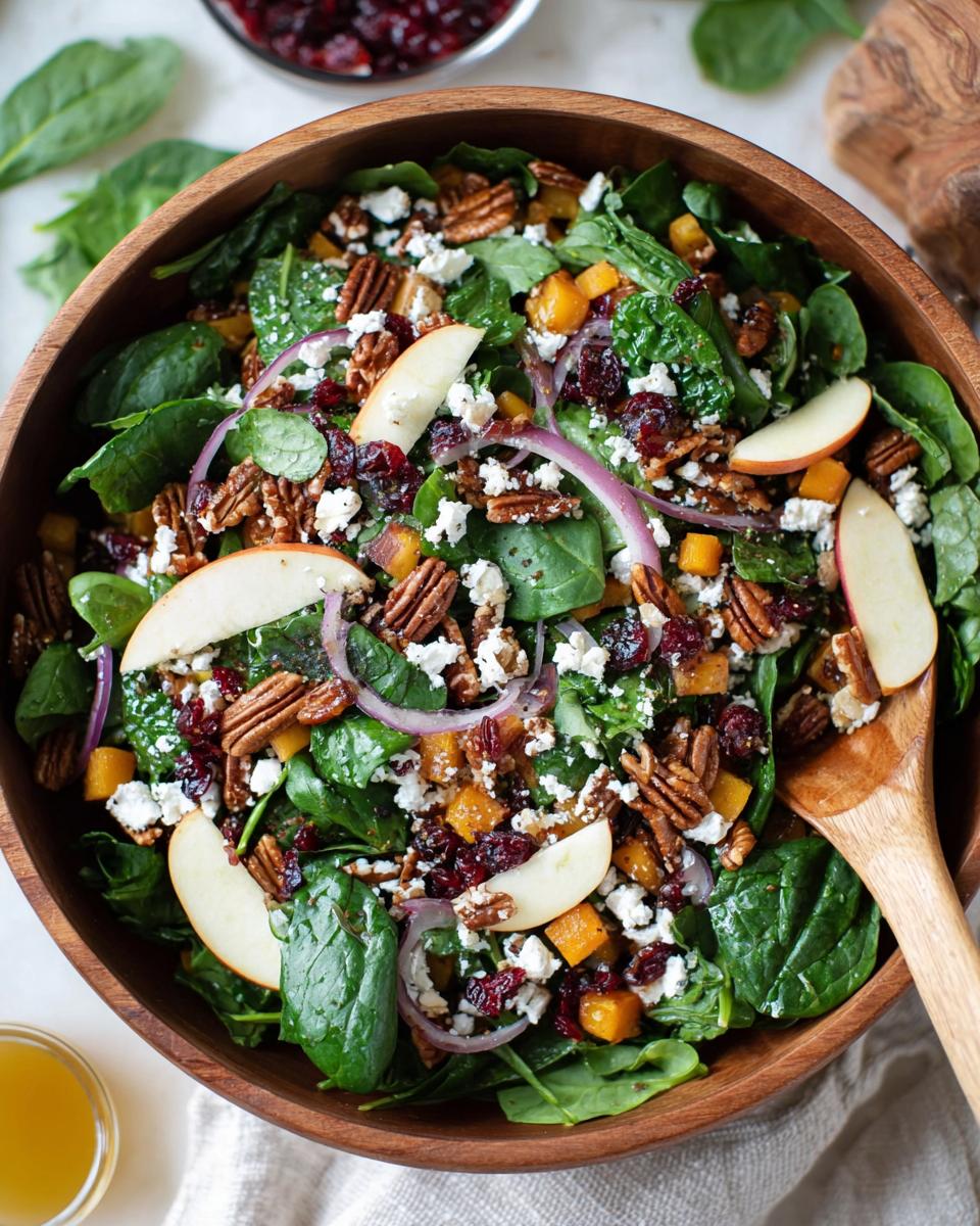 A festive Favorite Autumn Salad For Thanksgiving in a wooden bowl, featuring spinach, butternut squash, cranberries, pecans, apples, and goat cheese.
