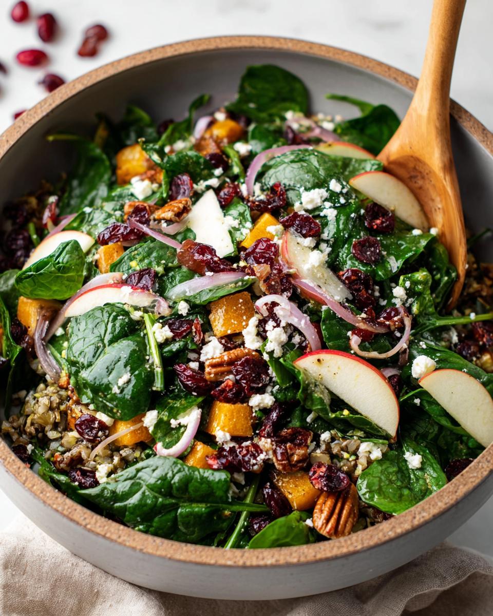 A vibrant bowl of the Favorite Autumn Salad for Thanksgiving, featuring spinach, butternut squash, cranberries, pecans, apples, and feta cheese.