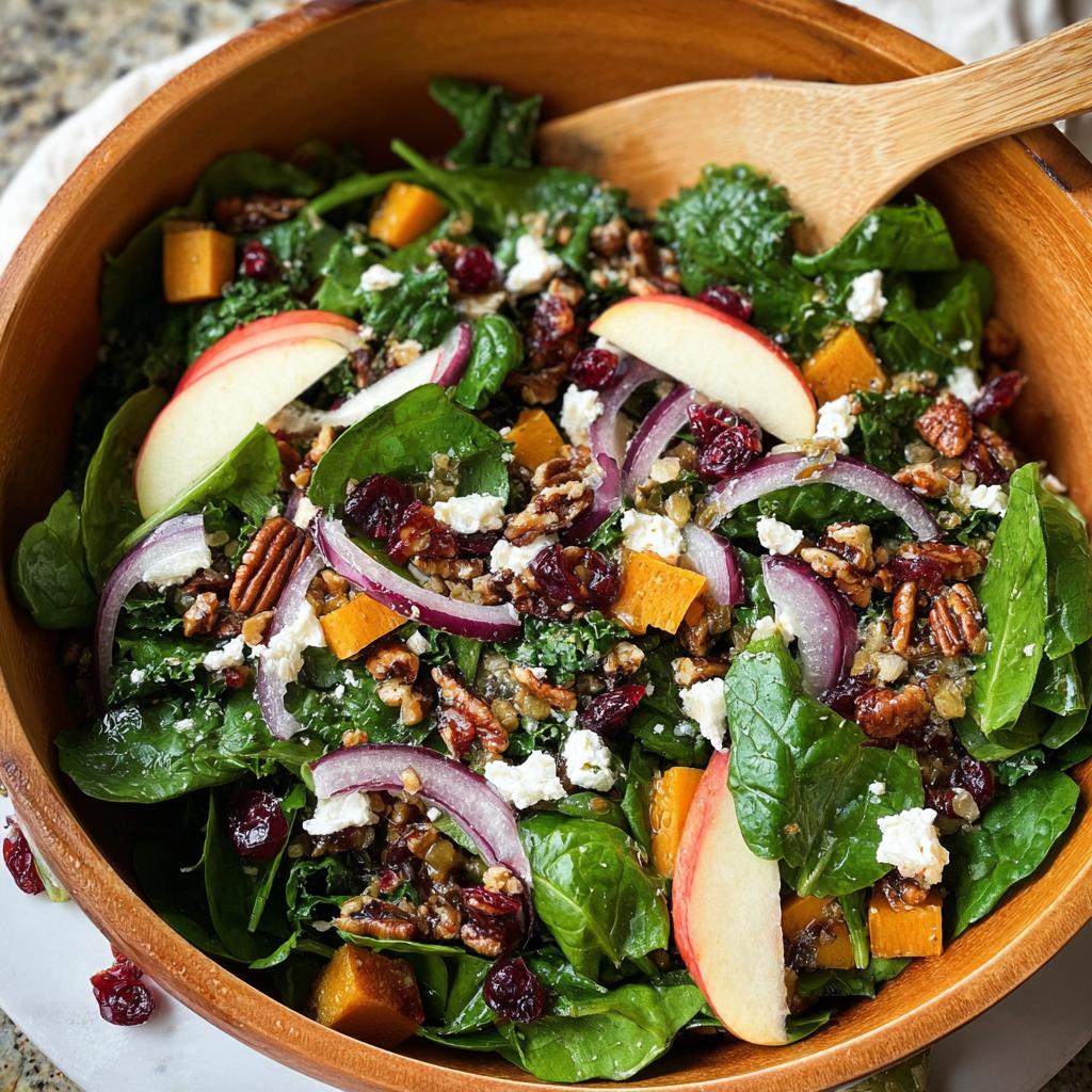A vibrant bowl of Favorite Autumn Salad For Thanksgiving, featuring kale, spinach, butternut squash, apples, cranberries, pecans, red onion, and feta cheese.