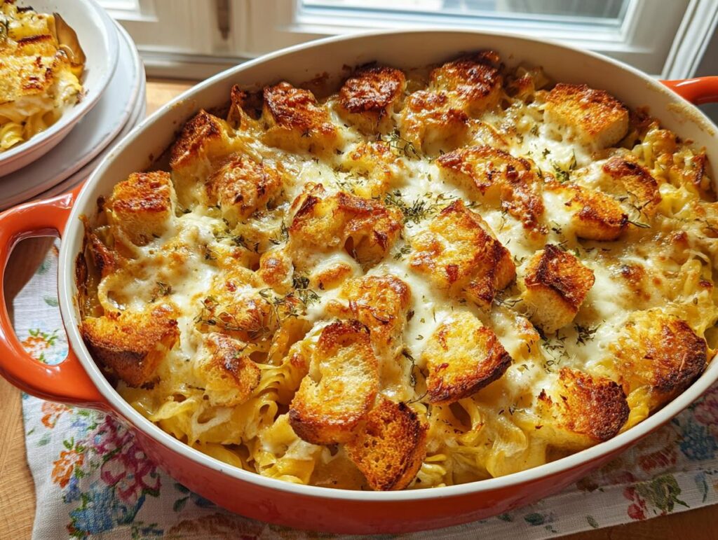 Close-up of a Favorite Baked Pasta dish, cheesy and bubbly with golden croutons on top.