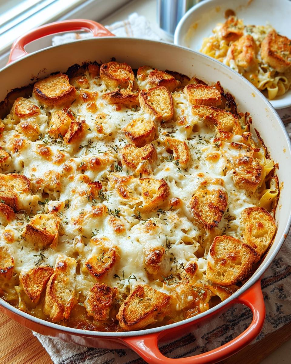 Close-up of a bubbly and cheesy baked pasta dish topped with toasted bread pieces and herbs.