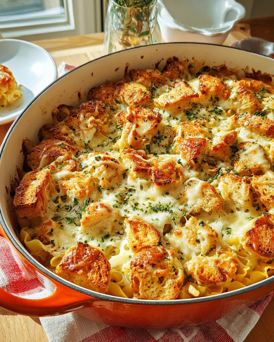 A close-up of a Favorite Baked Pasta dish, cheesy and bubbly, topped with toasted bread cubes and herbs.