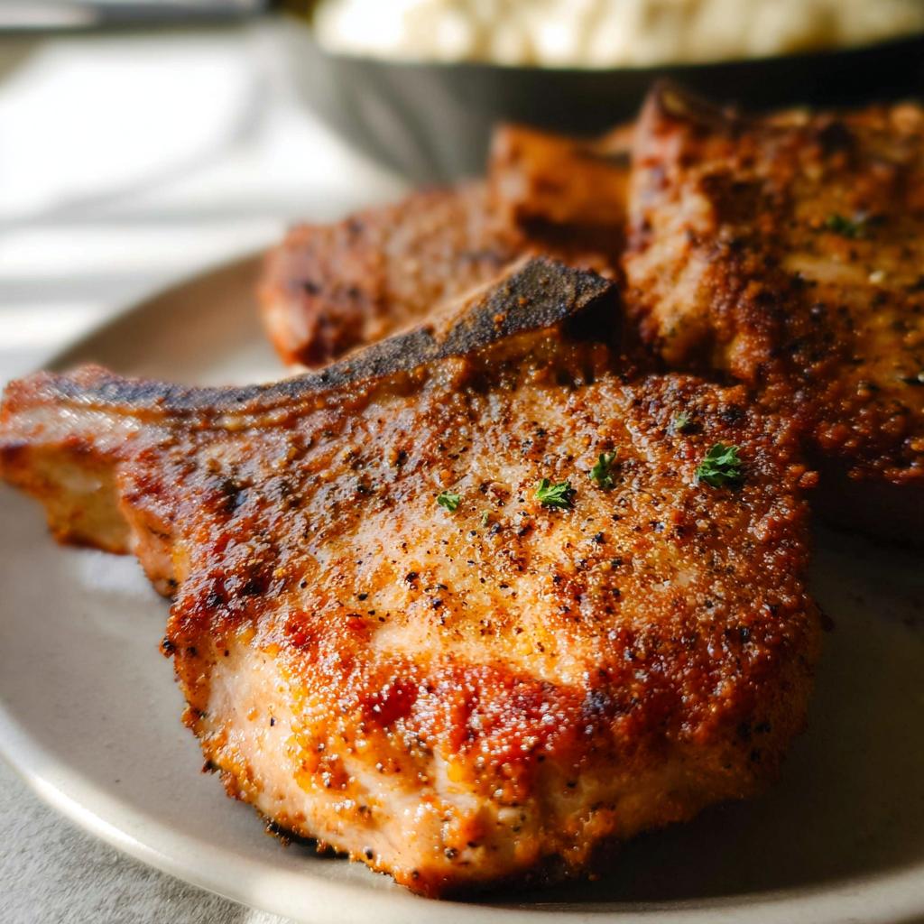 Close-up of delicious Favorite Crispy Pork Chops Oven Baked on a plate, seasoned and golden brown.