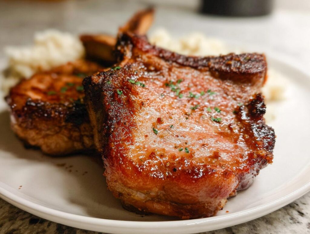 Close-up of two juicy, oven-baked crispy pork chops seasoned and garnished with herbs.