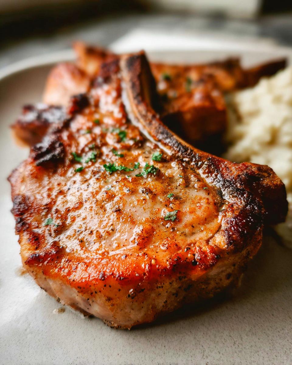 Close-up of a juicy and crispy pork chop, seasoned and garnished with herbs, ready to eat.