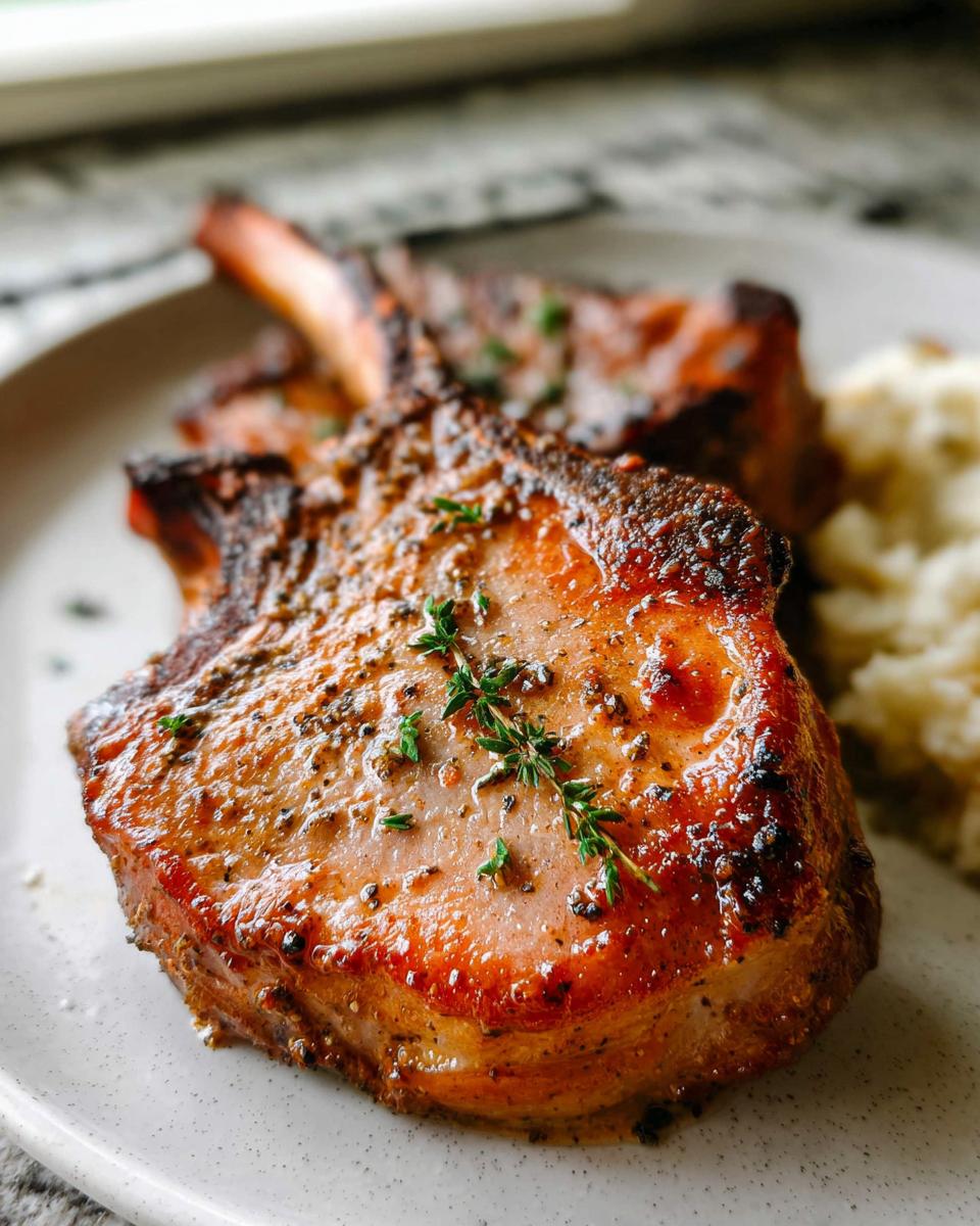 Close-up of juicy, oven-baked crispy pork chops seasoned with herbs and spices, served with mashed potatoes.