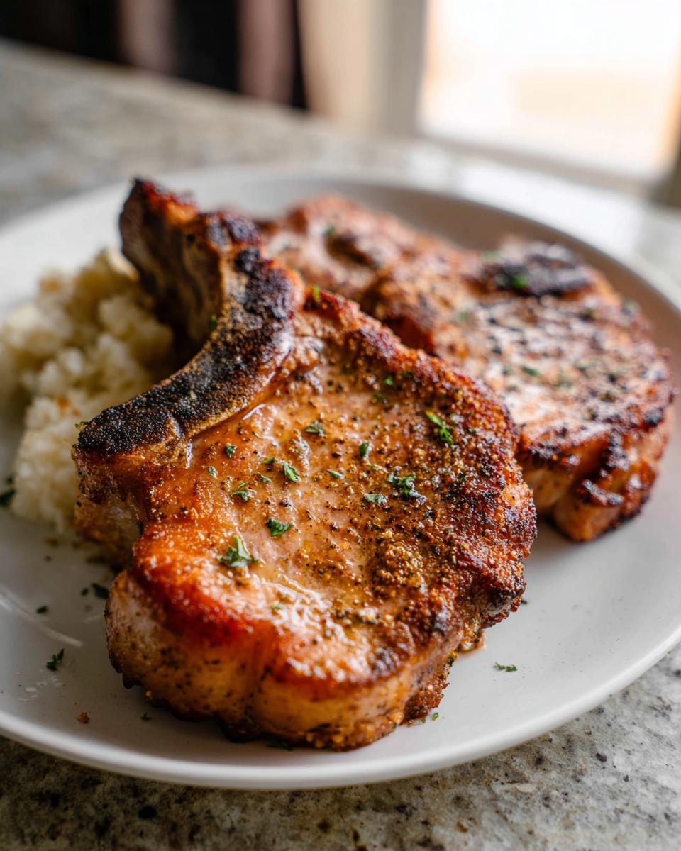 Two Favorite Crispy Pork Chops Oven Baked, seasoned and garnished with parsley, served with mashed potatoes.