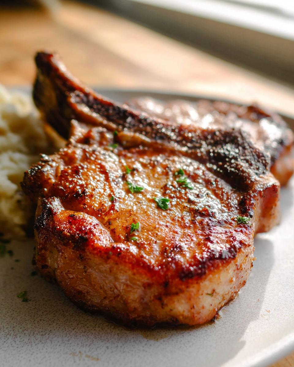 Close-up of perfectly baked crispy pork chops, seasoned and garnished with parsley, served with mashed potatoes.