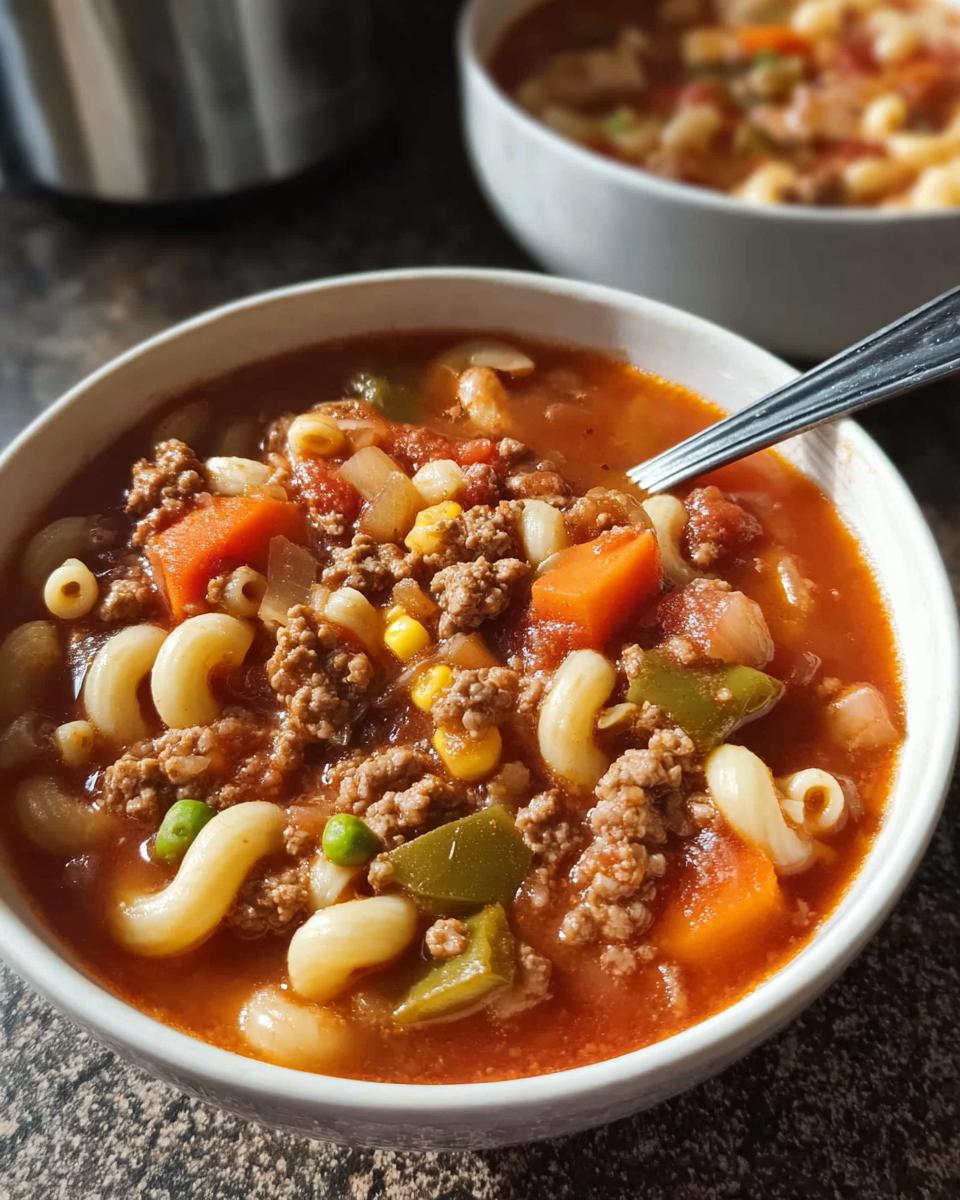 A close-up of a bowl of hearty beef and vegetable soup, featuring ground beef, macaroni, carrots, peas, and corn.