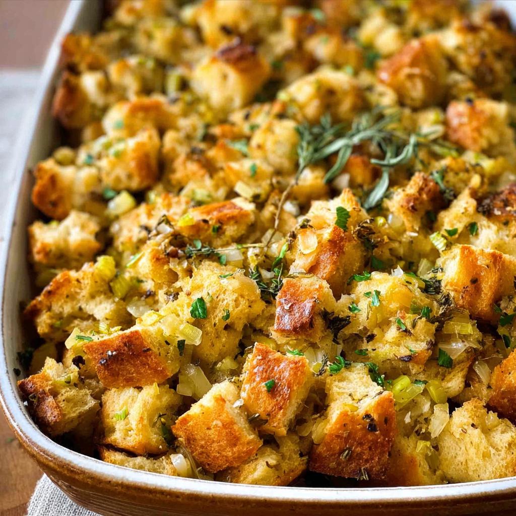 Close-up of a baking dish filled with Favorite Homemade Stuffing, featuring golden-brown bread cubes, herbs, and vegetables.
