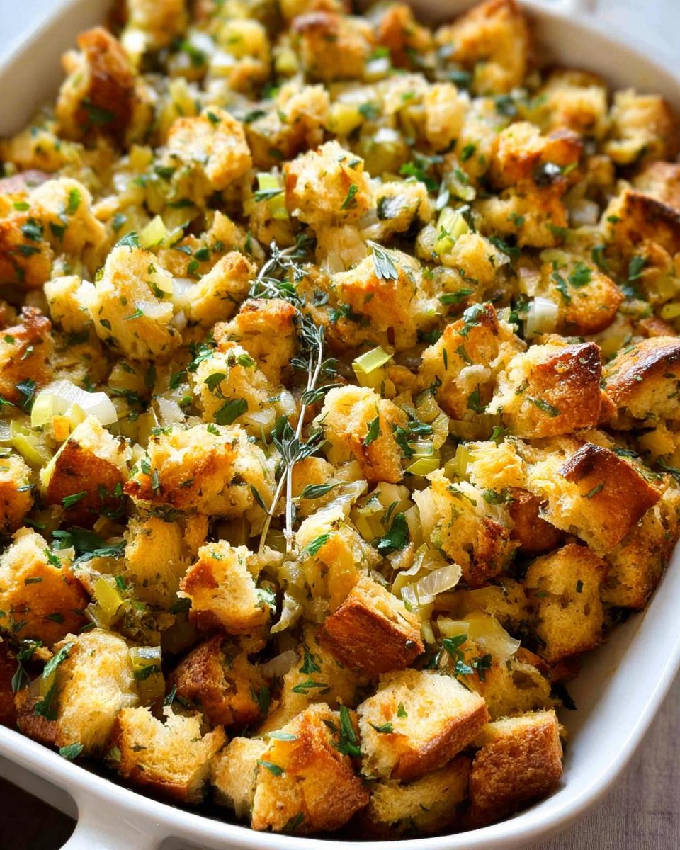 Close-up of a white baking dish filled with golden-brown Favorite Homemade Stuffing, studded with herbs and vegetables.