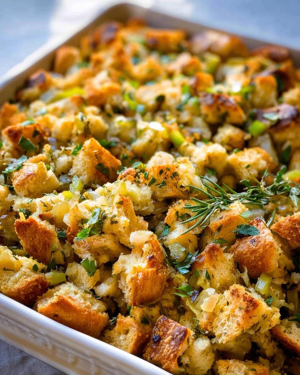 Close-up of a pan of Favorite Homemade Stuffing, showing toasted bread cubes with herbs and vegetables.