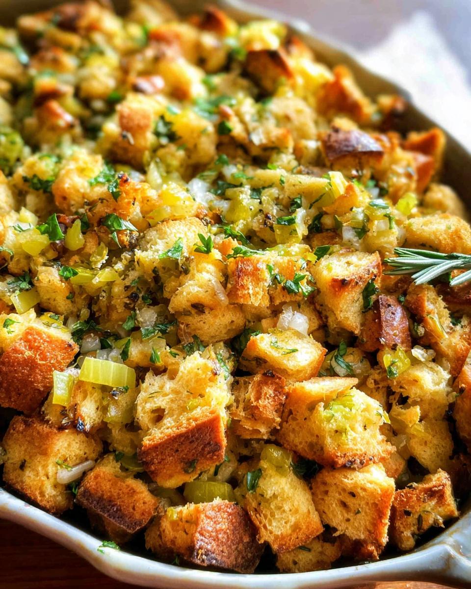 Close-up of a baking dish filled with Favorite Homemade Stuffing, featuring toasted bread cubes, celery, onions, and herbs.