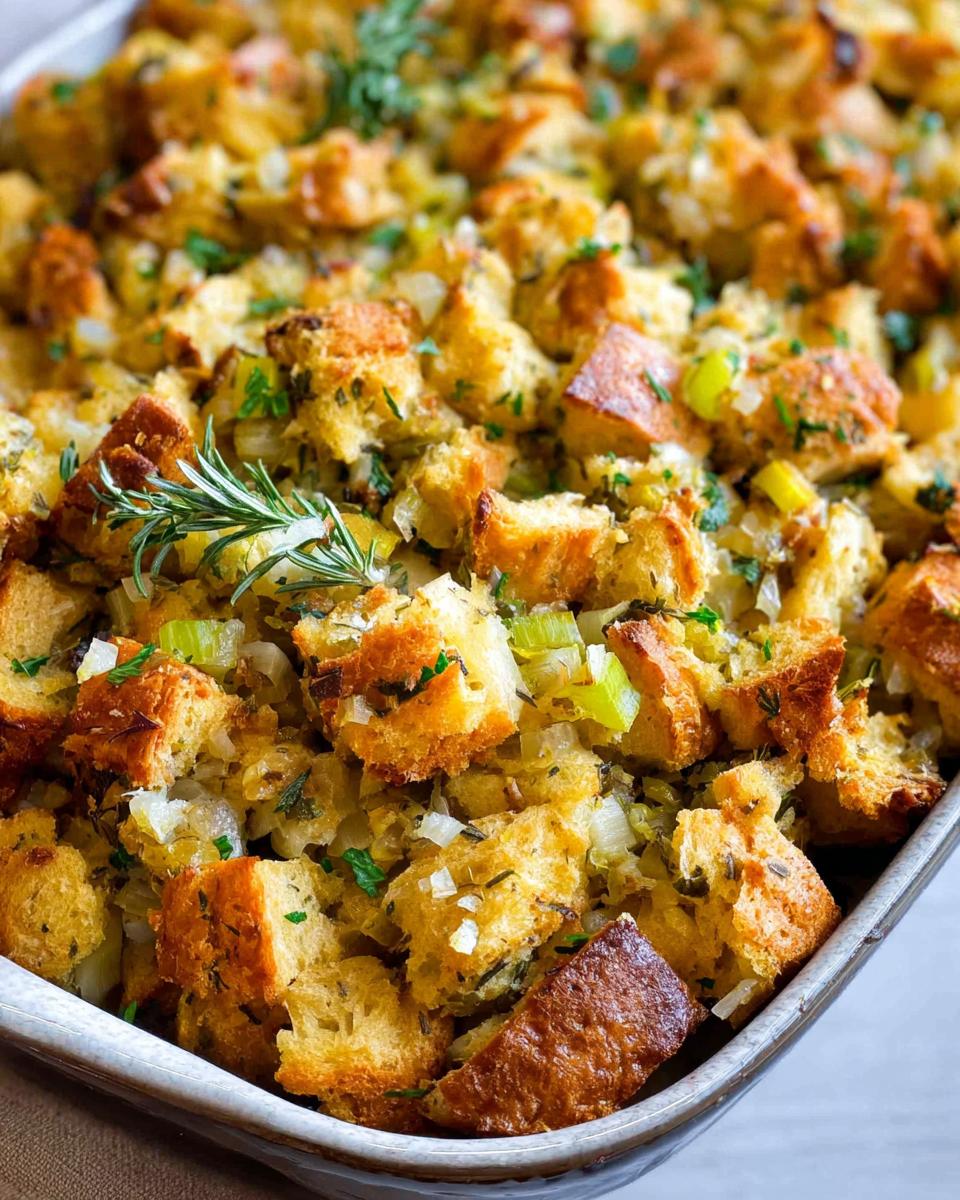 Close-up of a baking dish filled with Favorite Homemade Stuffing, showing toasted bread cubes, celery, onions, and herbs.