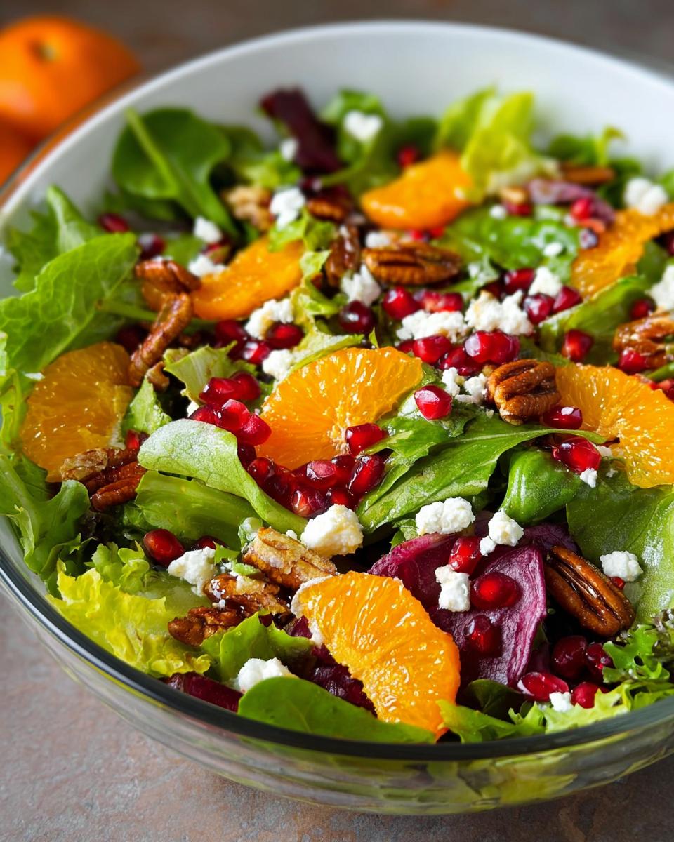 A vibrant Fresh Holiday Salad with bright flavors, featuring oranges, pomegranate seeds, pecans, and feta cheese.