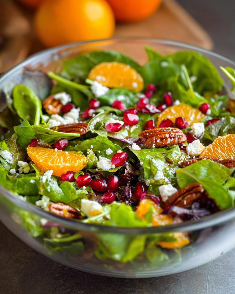 A vibrant Fresh Holiday Salad with oranges, pomegranate seeds, pecans, and crumbled feta cheese.