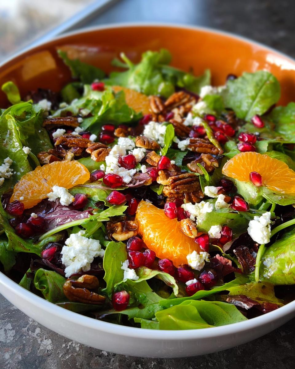 A vibrant Fresh Holiday Salad With Bright Flavors featuring mixed greens, orange slices, pomegranate seeds, pecans, and feta cheese.