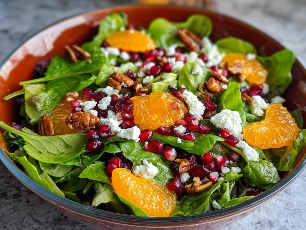 Close-up of a Fresh Holiday Salad With Bright Flavors, featuring greens, oranges, pomegranate seeds, feta, and pecans.