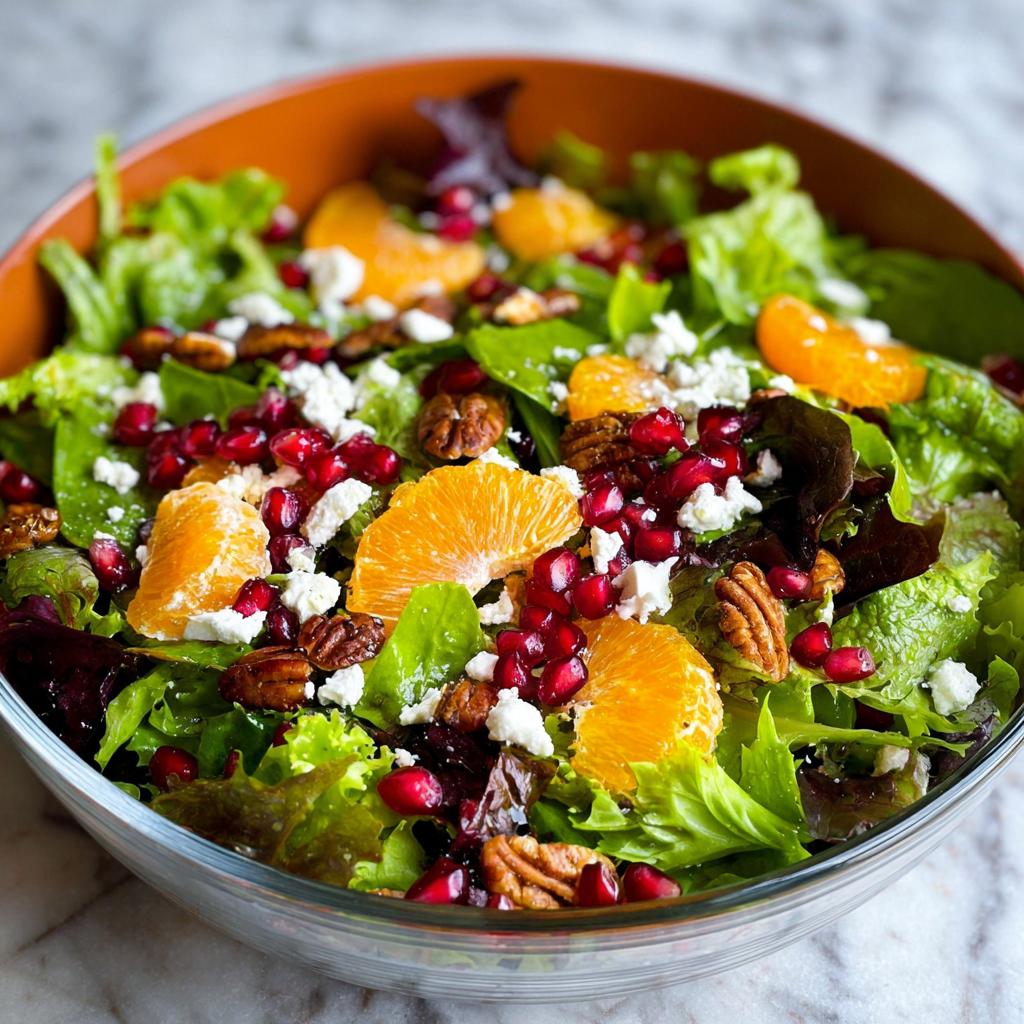 A vibrant Fresh Holiday Salad with bright flavors, featuring mixed greens, orange slices, pomegranate seeds, pecans, and feta cheese.