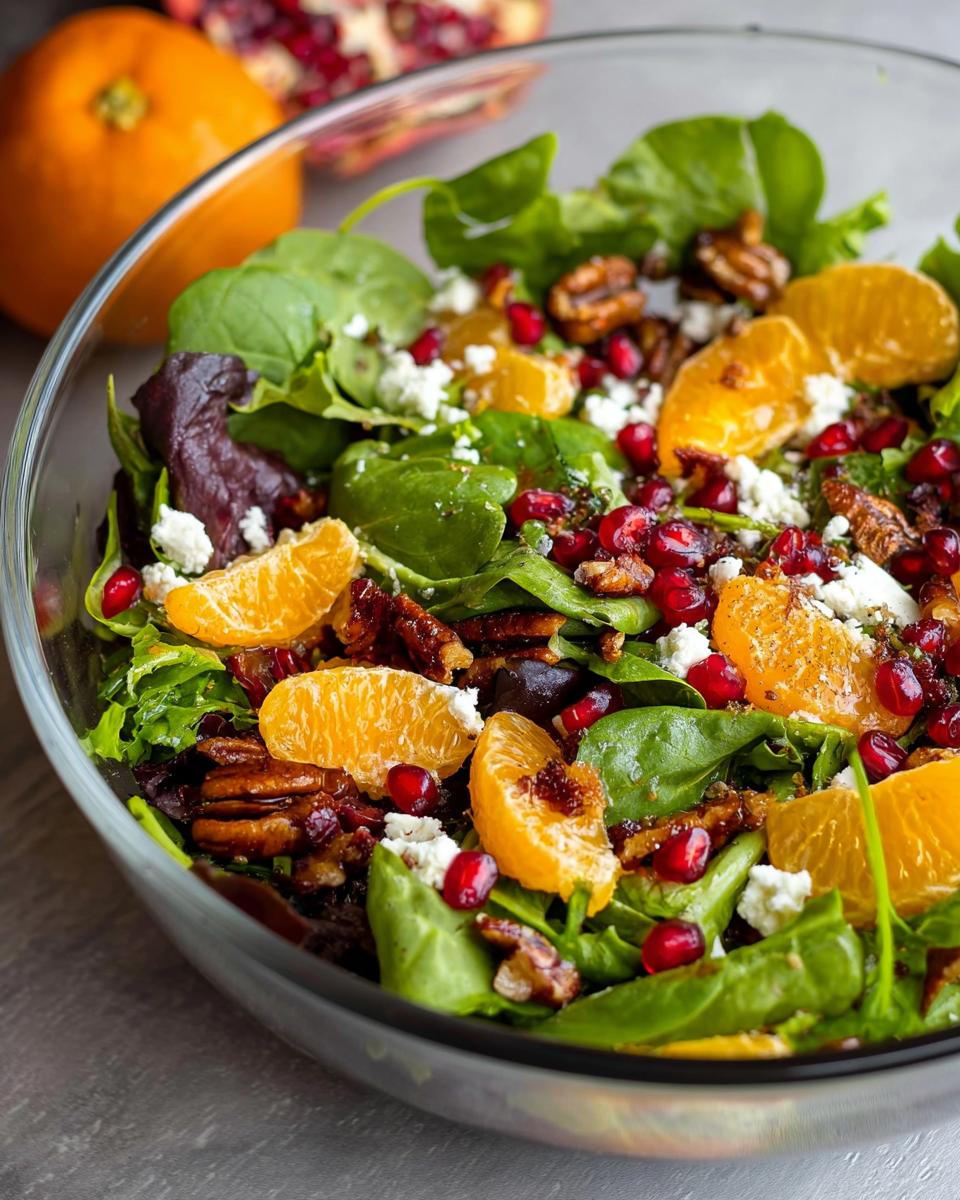 A close-up of a Fresh Holiday Salad with bright flavors, featuring oranges, pomegranate seeds, feta cheese, and candied pecans.