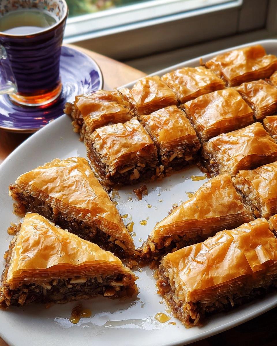A platter of freshly made baklava, a sweet pastry from scratch dessert, glistening with syrup.