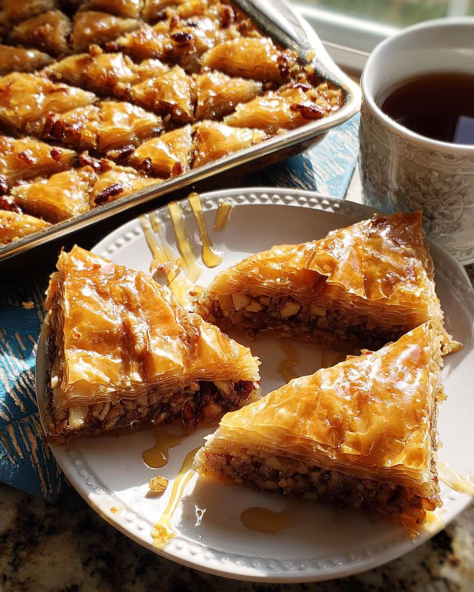 Three triangular slices of golden-brown baklava, drizzled with honey, on a white plate. A baking tray of baklava and a cup of tea are in the background.