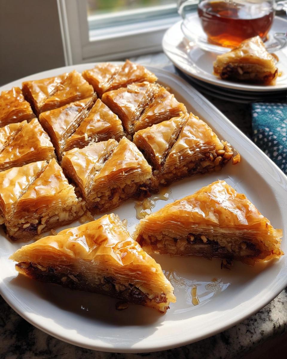 A platter of freshly made baklava, a sweet pastry from scratch dessert, drizzled with syrup.