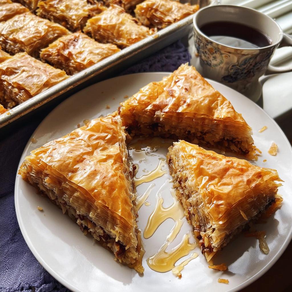 Three golden-brown slices of baklava, drizzled with honey, on a white plate, with a tray of baklava in the background.